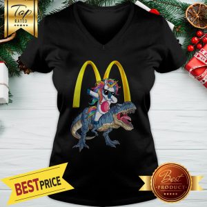Official Mcdonald's Unicorn Dabbing Riding T-Rex Dinosaur V-neck