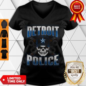Pretty Detroit Michigan PD Policeman Graphic Skull Guns Thin Blue V-neck