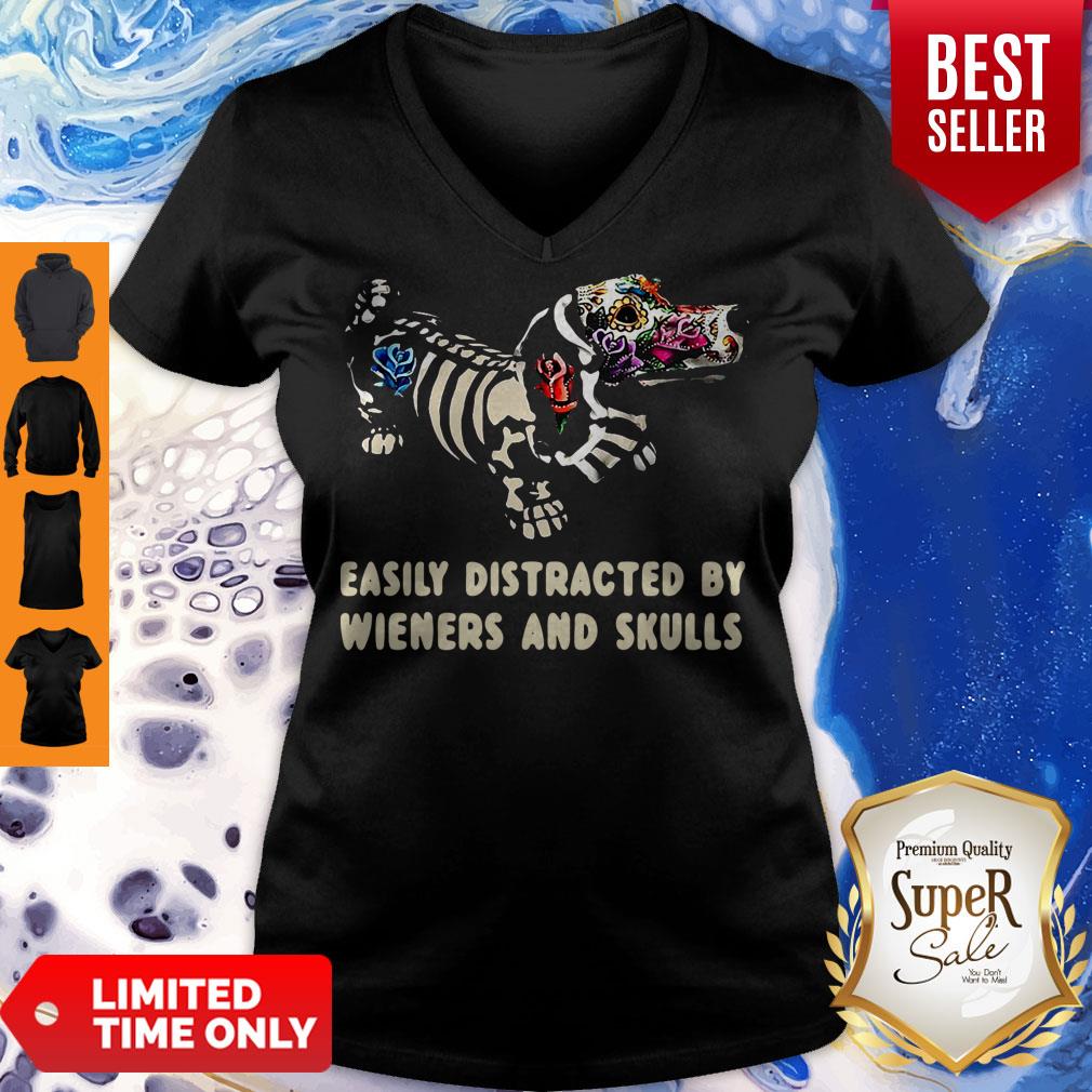 Dachshund Flower Easily Distracted By Wieners And Skulls V-neck Dachshund Flower Easily Distracted By Wieners And Skulls V-neck