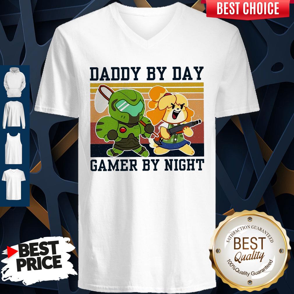 Doomguy And Isabelle Daddy By Day Gamer By Night Vintage V-neck Doomguy And Isabelle Daddy By Day Gamer By Night Vintage V-neck