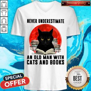 Never Underestimate An Old Man With Cats And Books Moon V-neck