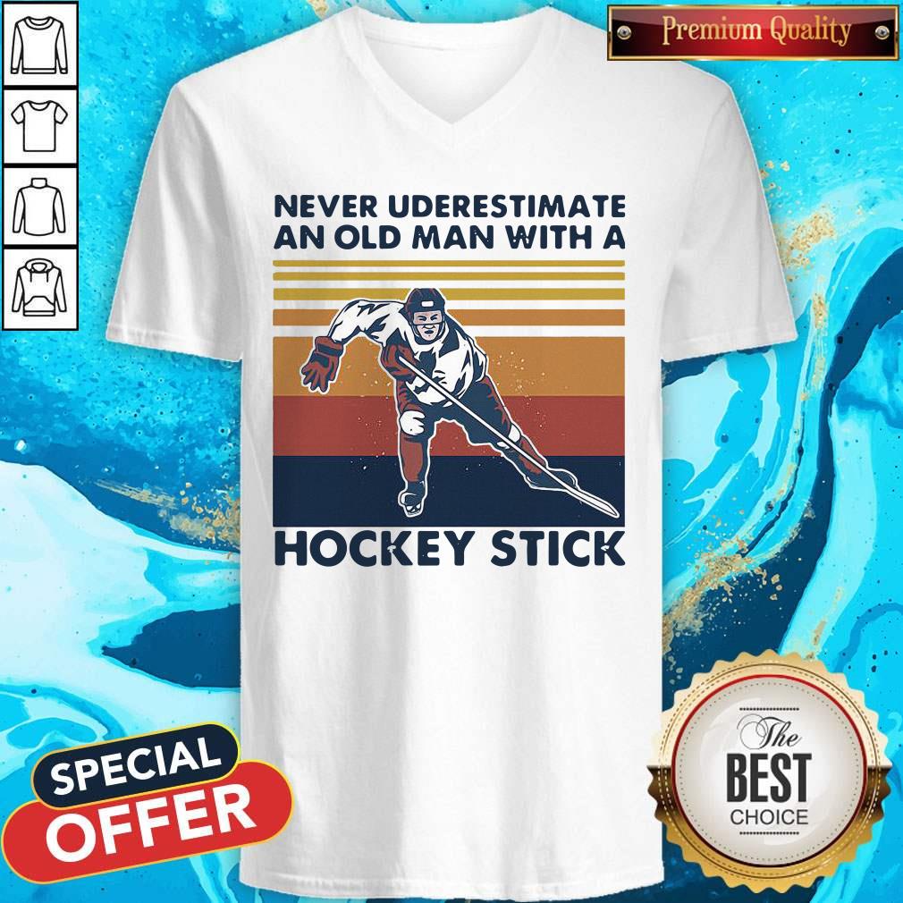 Never Underestimate An Old Man With A Hockey Stick Vintage Retro Shirt