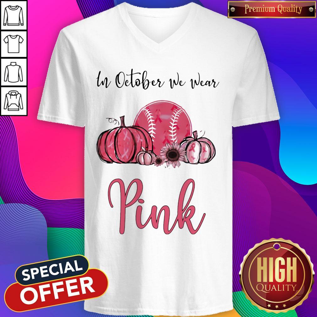 Official In October We Wear Pink Breast Cancer Awareness Pumpkin Baseball Shirt