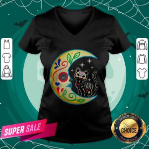 Cat Amp Moon Sugar Skull Dia De Los Muertos V-neck