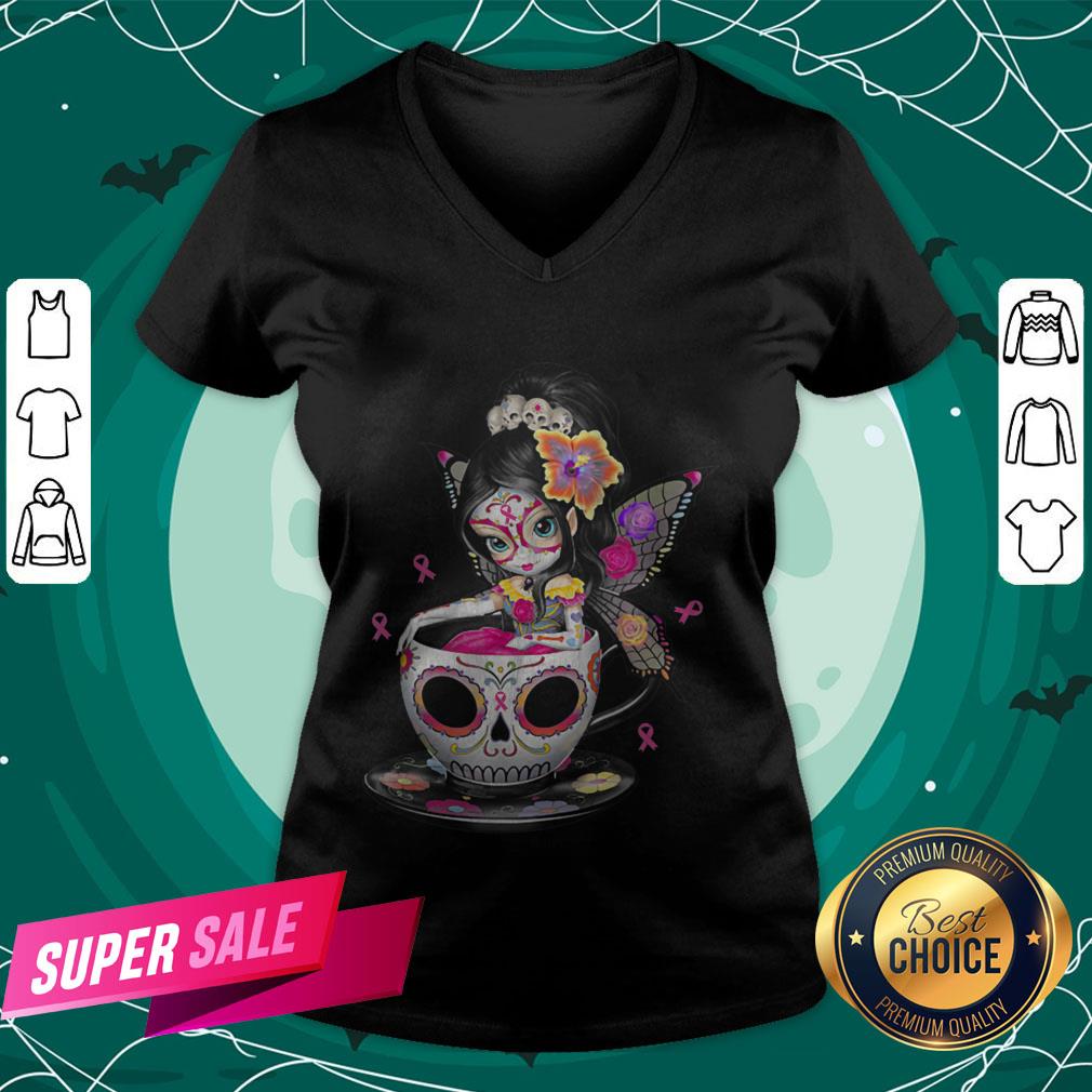Cute Breast Cancer Girl Sugars Skull Halloween Day Dead T-Shirt Cute Breast Cancer Girl Sugars Skull Halloween Day Dead V-neck