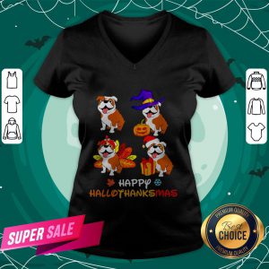 Cute Bulldog Happy Hallothanksmas V-neck