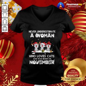 Good Never Underestimate A Woman Who Loves Cats Santa And Was Born In November V-neck - Design By Togethertee.com