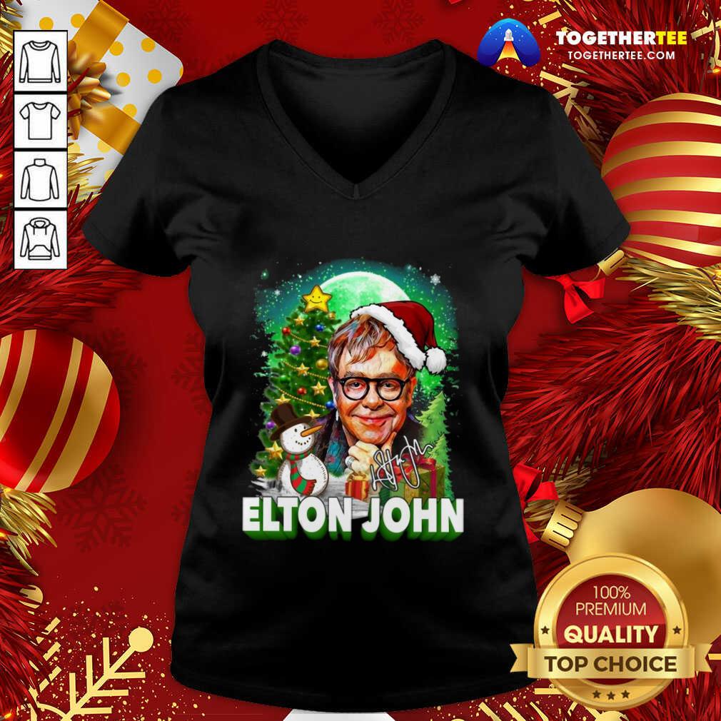 Great Elton John Santa Snowman Merry Christmas Signature V-neck - Design By Togethertee.com Great Elton John Santa Snowman Merry Christmas Signature V-neck - Design By Togethertee.com