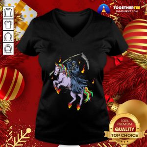 Nice Grim Reaper Skeleton Death Riding A Unicorn Fire V-neck - Design By Togethertee.com