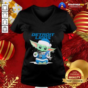 Baby Yoda Play Rugby Detroit Lions Merry Christmas V-neck - Design By Togethertee.com