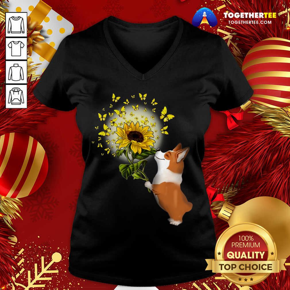 Corgi Butterfly Sunflower V-neck - Design By Togethertee.com Corgi Butterfly Sunflower V-neck - Design By Togethertee.com