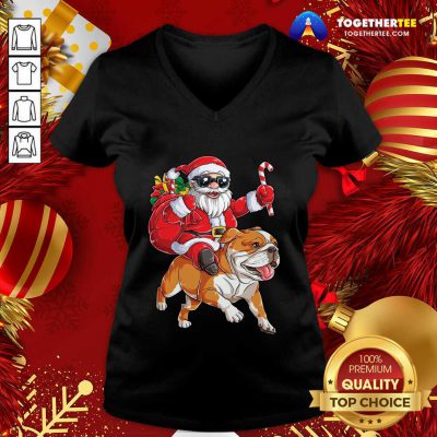 Santa Claus Riding Bulldog Merry Christmas V-neck - Design By Togethertee.com Santa Claus Riding Bulldog Merry Christmas V-neck - Design By Togethertee.com