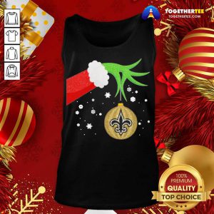 The Grinch Hand Holding Ornament New Orleans Saints Christmas Sweater Tank Top - Design By Togethertee.com