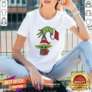 Grinch Hand Holding Baby Yoda Hug Heart V-neck - Design By Togethertee.com