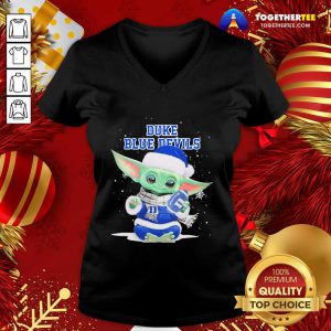 Baby Yoda Play Rugby Duke Blue Devils Merry Christmas V-neck - Design By Togethertee.com