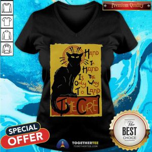 Black Cat Hand In Hand Is The Only Way To Land The Cure V-neck - Design By Togethertee.com