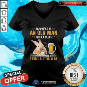 Happiness Is An Old Man With A Beer And A Rabbit Sitting Near V-neck