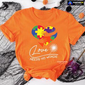 Love Needs No Words Hands Hugging Heart Autism Awareness T-Shirt