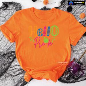 Hello Pre-K Pre-Kindergarten Apple Crayon Back To School T-Shirt