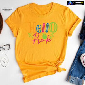 Hello Pre-K Pre-Kindergarten Apple Crayon Back To School T-Shirt