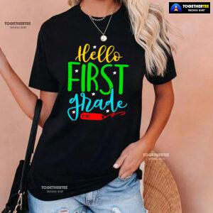 Hello First Grade 1st Grade Student Crayon Star Back To School T-Shirt