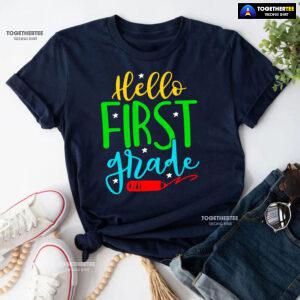 Hello First Grade 1st Grade Student Crayon Star Back To School T-Shirt