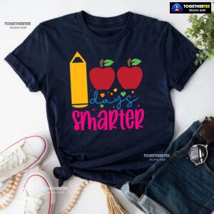 100 Days Smarter Apple Crayon Teacher Student Back To School T-Shirt