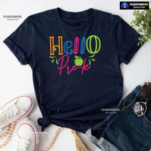 Hello Pre-K Pre-Kindergarten Apple Crayon Back To School T-Shirt