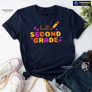 Hello Second Grade 2nd Grade Student Crayon Purple Heart Back To School T-Shirt