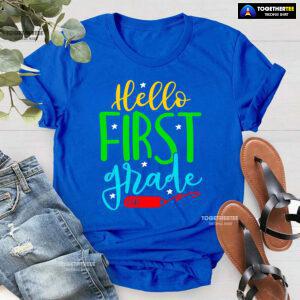 Hello First Grade 1st Grade Student Crayon Star Back To School T-Shirt