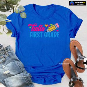 Hello First Grade 1st Grade Student Pencil Colorful Hearts Back To School T-Shirt