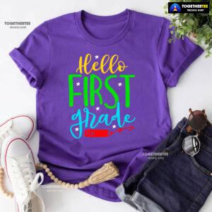 Hello First Grade 1st Grade Student Crayon Star Back To School T-Shirt
