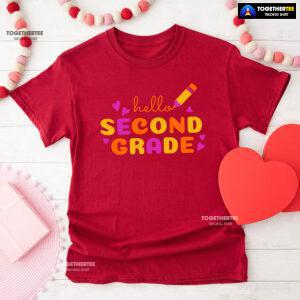 Hello Second Grade 2nd Grade Student Crayon Purple Heart Back To School T-Shirt