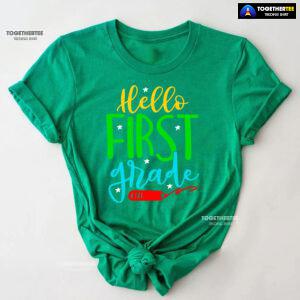 Hello First Grade 1st Grade Student Crayon Star Back To School T-Shirt