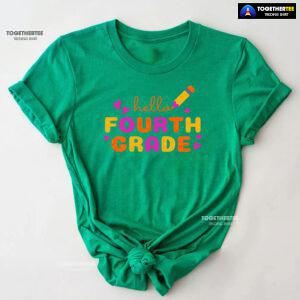 Hello Fourth Grade 4th Grade Student Crayon Purple Heart Back To School T-Shirt