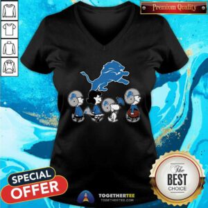 The Peanuts Snoopy And Friends Cheer For The Detroit Lions NFL V-neck