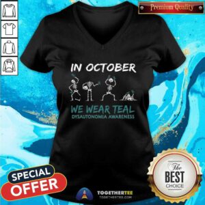 Top Teal Ribbon Dysautonomia Awareness Skeleton Halloween V-neck