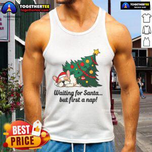 Cute dog in a tank top waiting for Santa, looking cozy and ready for a nap during the holiday season.