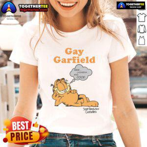 Funny gay Garfield cat ladies tee featuring a humorous cartoon design of Garfield in vibrant colors.
