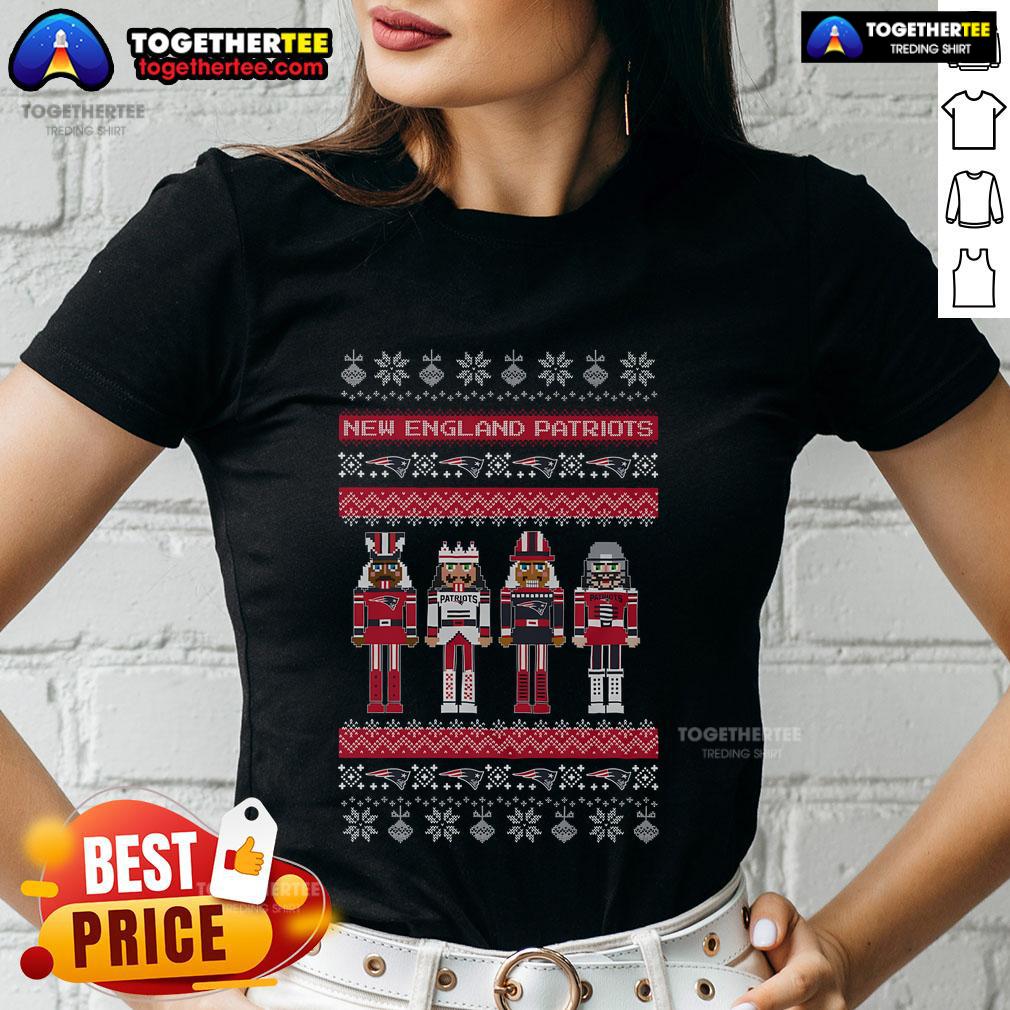 New England Patriots holiday nutcracker ladies tee featuring festive design and team logo for fans this season.