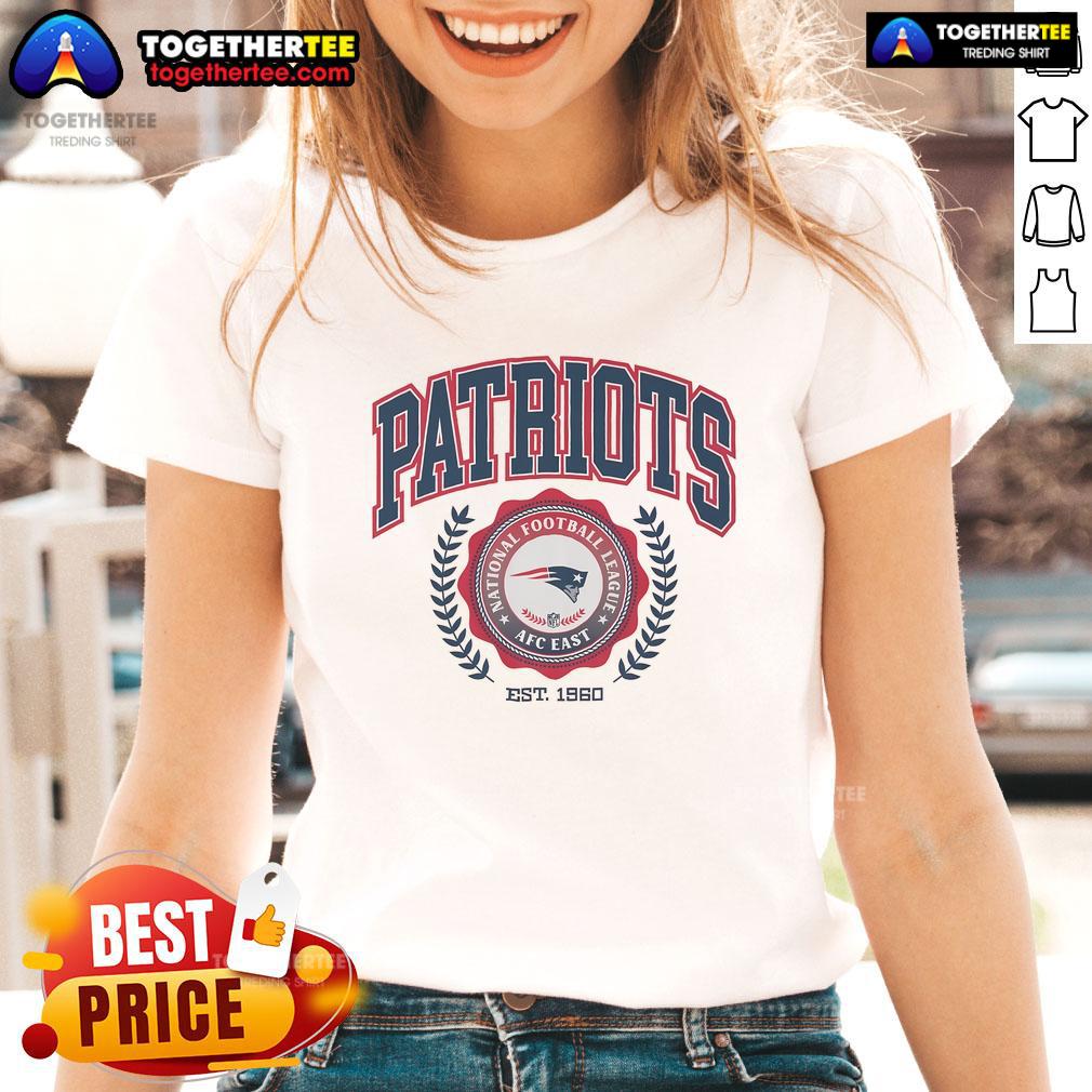 New England Patriots team crest established in 1960 featured on a stylish ladies tee shirt, perfect for fans.
