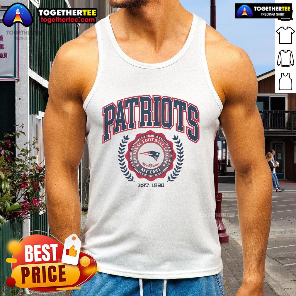 Alt Text: New England Patriots team crest tank top established 1960, showcasing team pride and sportswear fashion.