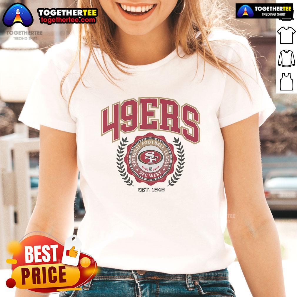 San Francisco 49ers team crest on a ladies tee, established 1946, showcasing team spirit and style for female fans.