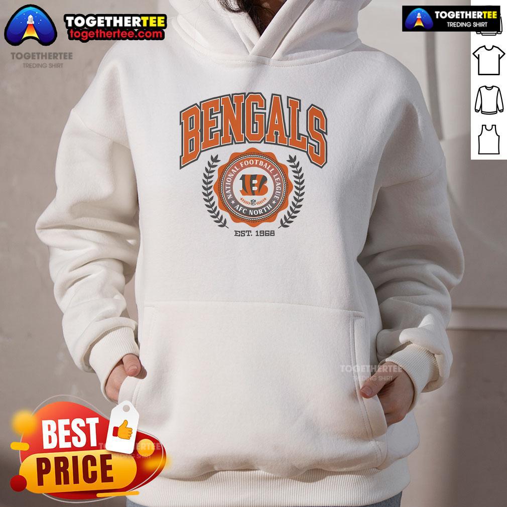 Alt Text: Official Cincinnati Bengals Team Crest Est 1968 Hoodie featuring bold logo and stylish design for fans.