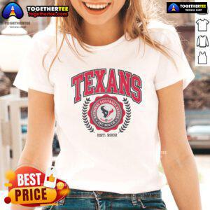 Official Houston Texans Team Crest Est 2002 Ladies Tee featuring the team's logo on a stylish women's shirt.