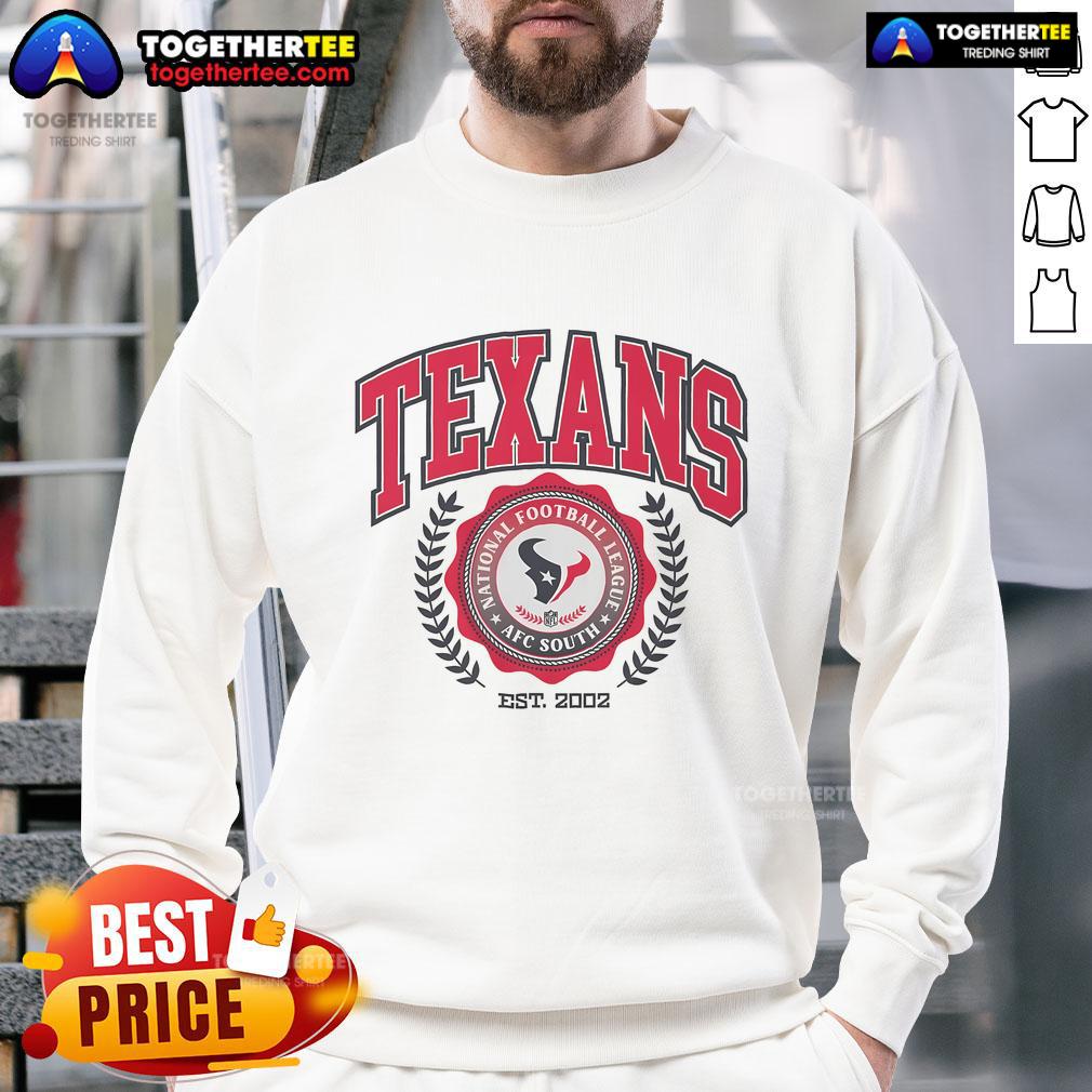 Alt Text: Official Houston Texans team crest sweatshirt, established 2002, featuring the iconic logo and team colors.