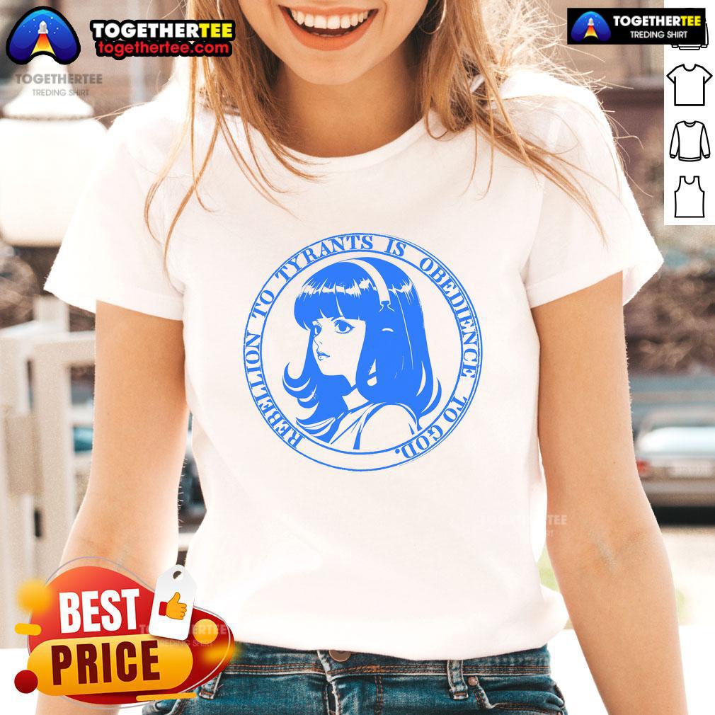 Anime ladies tee featuring 'John Galt: Rebellion to Tyrants' design, emphasizing obedience to God and empowerment.