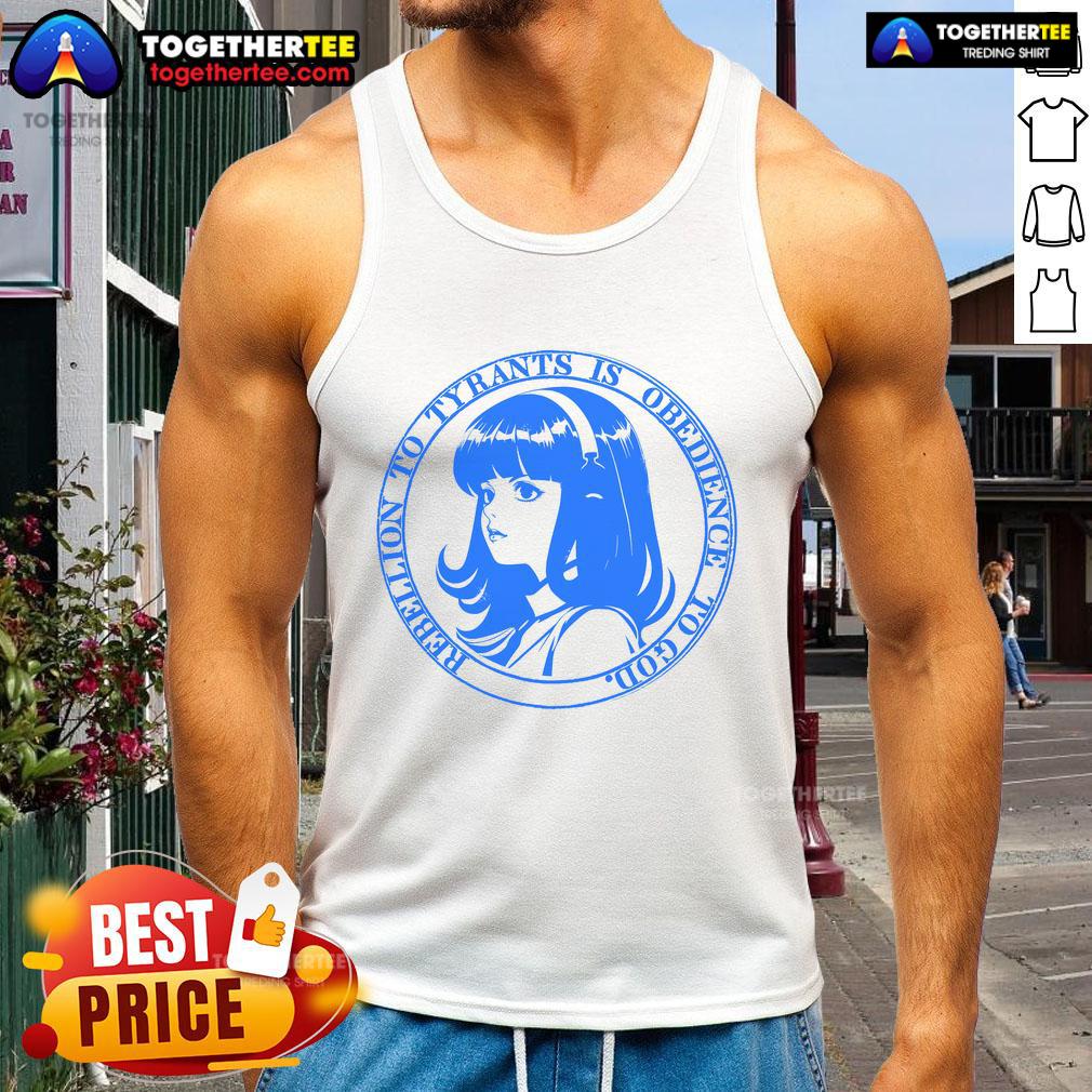 Anime tank top featuring 'Official John Galt Rebellion to Tyrants: Is Obedience to God' design, perfect for fans of philosophy.