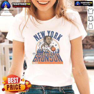 Official Knicks Jalen Brunson Signature Ladies Tee featuring team colors and player graphic, perfect for fans.
