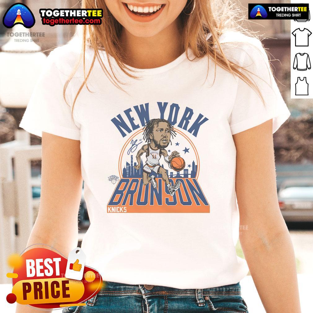 Official Knicks Jalen Brunson Signature Ladies Tee featuring team colors and player graphic, perfect for fans.
